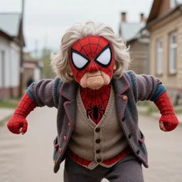 stunning dslr photograph of ( ( ( ( granny spiderman ) ) ) ) in rural russia town street, knitted suit, closeup, dynamic pose, closeup, aperture 1. 2