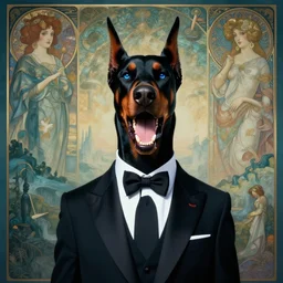 realistic detailed portrait movie shot of a snarling doberman wearing an elegant suit, sci fi landscape background by denis villeneuve, amano, yves tanguy, alphonse mucha, ernst haeckel, max ernst, roger dean, masterpiece, rich cold moody colours, dog teeth, blue eyes