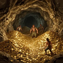 an underground cave with piles of gold coins in it, by roman shipunov, etienne hebinger, atey ghailan, cgsociety, cynical realism, fantasy art, 2 d game art