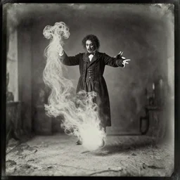 daguerreotype photo of a spirit medium levitating and emitting paranormal ectoplasm, detailed and creepy, wide - angle view