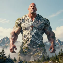 realistic still of cross between large mountain & dwayne johnson, anthropomorphism, mountain made of dwayne johnson, 8 k, 8 5 mm, f. 1 4, beautiful composition