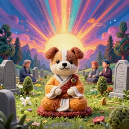 symmetry!, wide angle dynamic portrait of a chibbi dogon priest in a zen cemetary, macrophotography, felt texture, amigurumi by mark ryden and todd schorr and mark davis and zdislaw beksinski in a surreal lowbrow style, digital paint, matte paint, vivid synthwave colors, breathtaking landscape