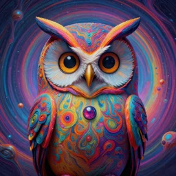 a portrait of a psychedelic cat owl figure by naoto hattori, android jones and chris dyer, deep bold colors, galactic entity, depth of field, intricate beautiful painting, billions of details, octane render, portal, 8 k, trending on artstation, cgisociety, wow!!!!!!!!!!