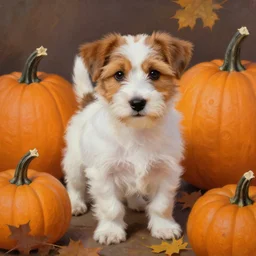 a very cute scruffy long haired jack russell terrier puppy, white with chocolate brown spots and a brown patch over both eyes, amidst piles of pumpkins. halloween autumn fall art. beautiful painting by artgerm and greg rutkowski and alphonse mucha