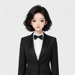 girl in tuxedo with black wavy short haircut, elegant, 2d, ultra highly detailed, digital painting, smooth, sharp focus, artstation, trending on artstation, art by Ilya Kuvshinov