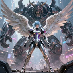 cyberpunk girl in beautiful angel armor fighting with huge giant monster. Tokyo. Trending Artstation. 4k. Greg Rutkowski. Hyperdetailed