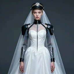 a digital portrait of a russian girl detailed features wearing a pilot latex suit wedding dress - cyber fashion by balenciaga and issey miyake by ichiro tanida and mitsuo katsui