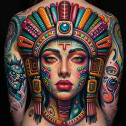 hyper detailed masterpiece beautiful aztec face tattoo girl by donato giancola and tom bagshaw, face by artgerm and edmund leighton, and h. r. giger, trending on artstation, colorful, psychedelic aesthetic, ornate, background by james jean, 8 k, biomechanical, majestic, volumetric lighting, porcelain skin, concept art, sharp focus