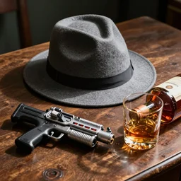 a photo of a gray fedora with black hat band, a toy retro sci-fi ray gun, a rocks glass containing some whiskey, a bottle of bourbon on its side, spilling liquid on an old desk.