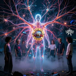 the ghost in the machine, dense web of neurons firing, psychedelic lights and fog, guns n roses imagery, ralph steadman, banksy, zdzislaw, ayami kojima, yamamoto, barclay shaw, karol bak, hyperrealist, 8 k