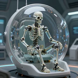 skeleton made with glass manifactured by robots, sitting in sci - fi pod in sci - fi environment, octane render, concept art, 8 k detailed
