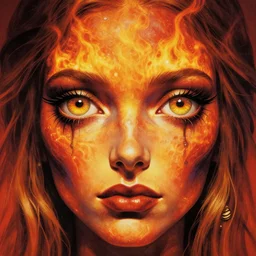 close up sci - fi hippie poster art simon stalenhag cosmic eyes, fire skin, elegant, highly detailed, centered, digital painting, concept art, smooth, sharp focus, illustration, artgerm, tomasz alen kopera, peter mohrbacher, donato giancola, joseph christian leyendecker, wlop, frank frazetta