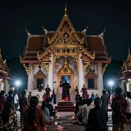 a footage of a view of a horror zombie ghost devil exorcism in thai temple, night scene with flash, scene, highly detailed, still shot from movie