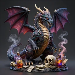 a beautiful detailed 3 d matte portrait of a alchemist dragon, by ellen jewett, by tomasz alen kopera, by justin gerard, ominous, magical realism, texture, intricate, skull, skeleton, money, whirling smoke, alchemist bottles, radiant colours, fantasy, volumetric lighting, high details