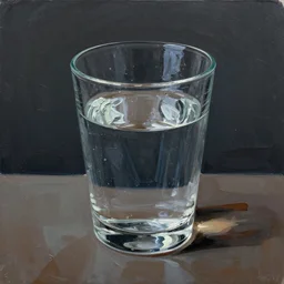 super realistic large full glass of water in a dark room painted in thick heavy impasto,  using a palette knife