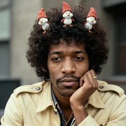 “Jimmy Hendrix looking pensive with little smurfs popping out of his Afro. Highly detailed portrait. Shallow Focus. 8k”