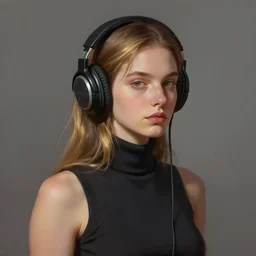 girl with brown and blonde hair wearing headphones, sleeveless turtleneck. digital painting, by valerian city of a thousand planets, by ruan jin #, by mandy jurgens #, by artgerm #, william - adolphe bouguerea #