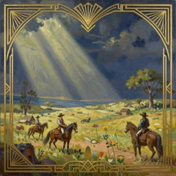 Art deco style oil on canvas, landscape from an adventure game theme wizards and cowboys