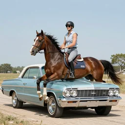 a horse with sunglasses riding in a 1967 Chevy impala