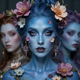 a stunning ultra detailed fantasy fine art portrait photo of witch with glossy blue skin, by tom bagshaw, michael cheval and natalie shau, 3 5 mm lens, golden ratio composition, deep depth of field, perfect eyes and face, flowery implants, flowerpunk, soft lighting, artstation, 8 k