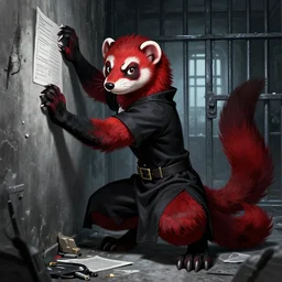 vampire : the masquerade ( world of darkness ) source book illustration of an anthropomorphic red - black furry weasel - ferret - stoat fursona ( from the furry fandom ) in prisoner's regalia, in a prison cell, scratching manically at the walls, pen detailing