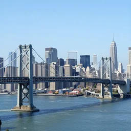 San Francisco bridge with nyc skyline behind it, canon 8k, detailed, realistic, sunny