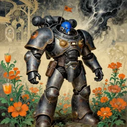 composition gothic of and futuristic, warhammer, cyber armor, scars, storm, blue head, orange, green, juice, many mechflowers, the middle ages, highly detailed, artstation, in the style of moebius, jugendstil and classic japanese print, art by agostino arrivabene, vanessa beecroft