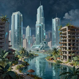 a beautiful hyperdetailed painting of canal unfinished building urbex by wolf d. prix, magic realism made of glass futuristic liberty city vice city architecture island junglepunk tundra clear night, archdaily, wallpaper, highly detailed, trending on artstation.