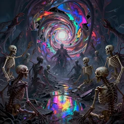 acid metal reflecting, prismatic neon death, nebula oil colors,  merge skeletons in the hundeds reaching out the broken portal to hell, melting metal vortex, artwork by beksinski + gammell + mcfarlane + giger, wispy realistic horrors
