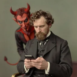colorful portrait of a man scrolling on his phone, the devil hides behind him, 1 8 0 0 s victorian photo, hand coloured photo, atmospheric, highly detailed, by joel peter witkin and hieronymus bosch
