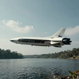 “modern spaceship landing by a lake, cinematic”