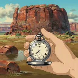 realistic interior shot from howls moving castle ( 2 0 0 4 ) of a hand holding a silver pocket watch. flooded desert monument valley stonehenge cartoon depth of field.