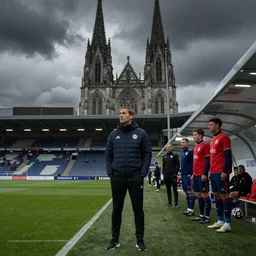 A stoic football manager directing his team on the sideline of a giant gothic stadium, apocalyptic sky