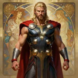 the greek god thor, accurate anatomy, only two hands, highly detailed, digital painting, artstation, concept art, smooth, sharp focus, illustration, Unreal Engine 5, 8K, art by artgerm and greg rutkowski and Alphonse Mucha
