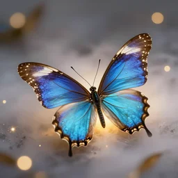 photography of a blue and gold butterfly, bokeh, glowing fog, trending on artstation