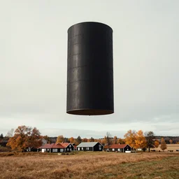 large black floating cylinder in the sky, rural swedeish farm property, autumn, kodachrome, muted colors, long distance photograph