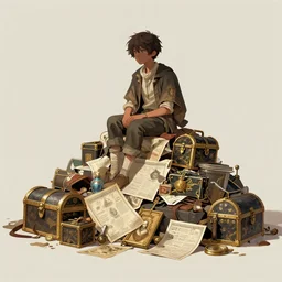 a person sitting on a pile of stolen treasure and artwork. featured on artstation