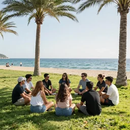 a photograph group of people sitting on grass under palm trees nearby the sea, bright, realistic, 8 k, detailed