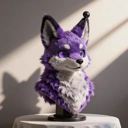 Bust photograph at a furry convention of a purple dog fursuit with antennas