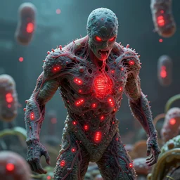 a dystopian superhero comic book about bacterium algae that eats people and creates large red diodes all over their bodies hdr, designed by comicraft and yasushi nirasawa, hyperrealistic, 8 k, bokeh, prism, octane render