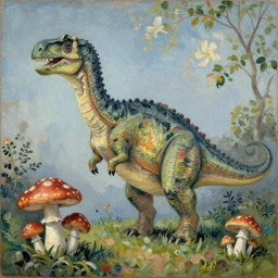 impressionist painting of a dinosaur made of mushrooms