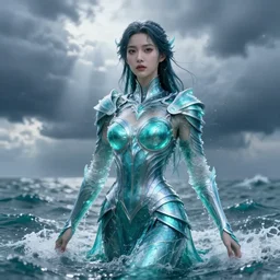 armor made of ocean water, liquid, female, rising up from ocean, water armor, high detail, high contrast, close up portrait, studio lighting, stormy seas, beautiful, bokeh, snowy, storm clouds, god rays, d & d, fantasy, elegant, aquamarine color palette, concept art, roger deakins and greg rutkowski and alphonse mucha