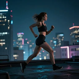 Faith Connors running over a rooftop, cyberpunk, nighttime