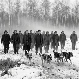movie still by tarkovsky crowd of hunter and crowd of dogs running 3 in a swamp snowy with birch forest backround, cinestill 8 0 0 t 3 5 mm b & w, heavy grain, high quality, noir, natural textures, photorealistic, ambient occlusion, hd, dof, mud, fog