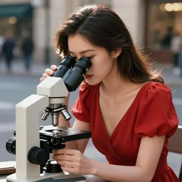 Photo Microscope, diorama of a woman in red dress on the street.