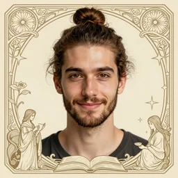 portrait of a good - looking brown - haired young man with a man - bun, short beard, beautiful brown eyes, flat colors, occult, minimal, decorative art nouveau border, detailed book illustration, sunny, dreamlike art, realistic shaded, smile, good looking, fine details, 4 k realistic, cryengine, ultra realistic shaded lighting poster by greg rutkowski, magali villeneuve, artgerm, jeremy lipkin and michael garmash and rob rey