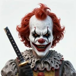 5 4 k rtx headshot of scary godlike psychedelic clown with katana sheathed on back from macfarlane comics, tattoos by craig mullins, ilya kuvshinov, indomitable, wild hair, krenz cushart, blood spatter, muscular, symmetry accurate features, epic, artgerm trending on artstation by edward hopper and dan mumford and wlop and rutkovsky,