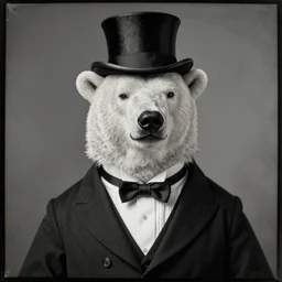 a polar bear dressed with a tuxedo and a top hat, with a smirk and snobby disapproving look. extremely detailed. daguerrotype. old. antique