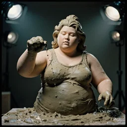 portrait of a fat woman made of wet clay filing drop, ice - carving, editorial photography, film grain, f / 2 2, low contrast, kodachrome, 3 - dimensional, 4 k, hsv, quaternary, 6 spotlight, nixie tube, matte