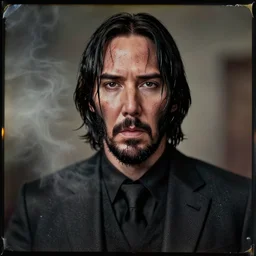 A wet-collodion styled portrait of John Wick. Depth of field, smoke, high contrast, extremely detailed.